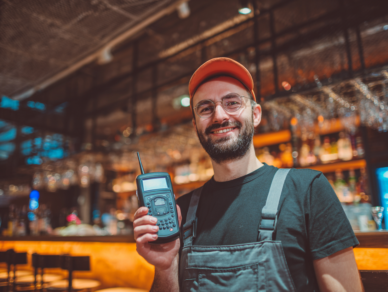 Acoustic engineer holding a measurement device with satisfied expression